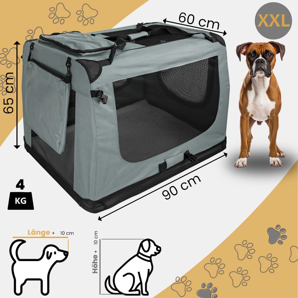 Trasportino pieghevole per cani Petigi | XXL - 90 x 60 x 65 cm, grigio scuro, gatto, coniglio, grande, borsa per il trasporto