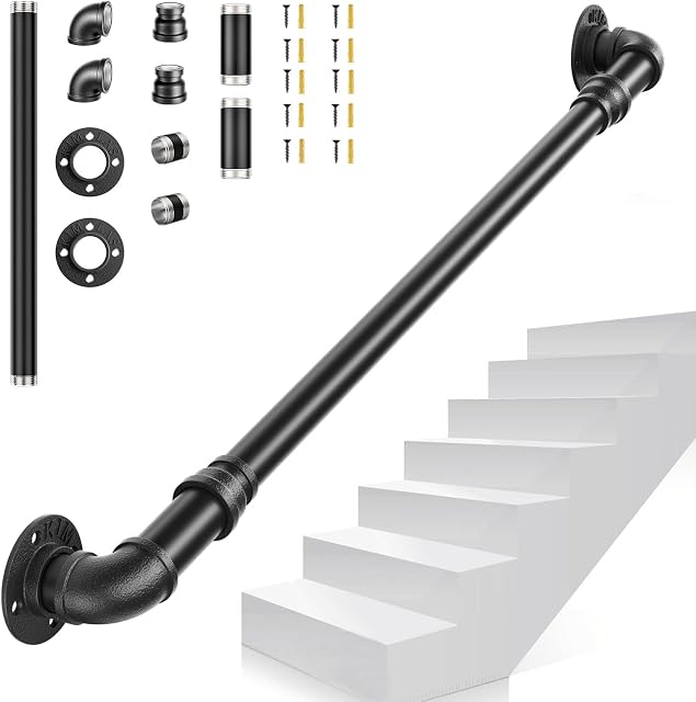 Staircase Handrails, PaNt Matte Black 1M Pipe Handrail Steps Hand Rail for Indoor Stairs 150kg Load Capacity Wall Mount Support Elderly Safety Hand Rail Galvanized Steel Retro Industrial Style 3.2+4cm