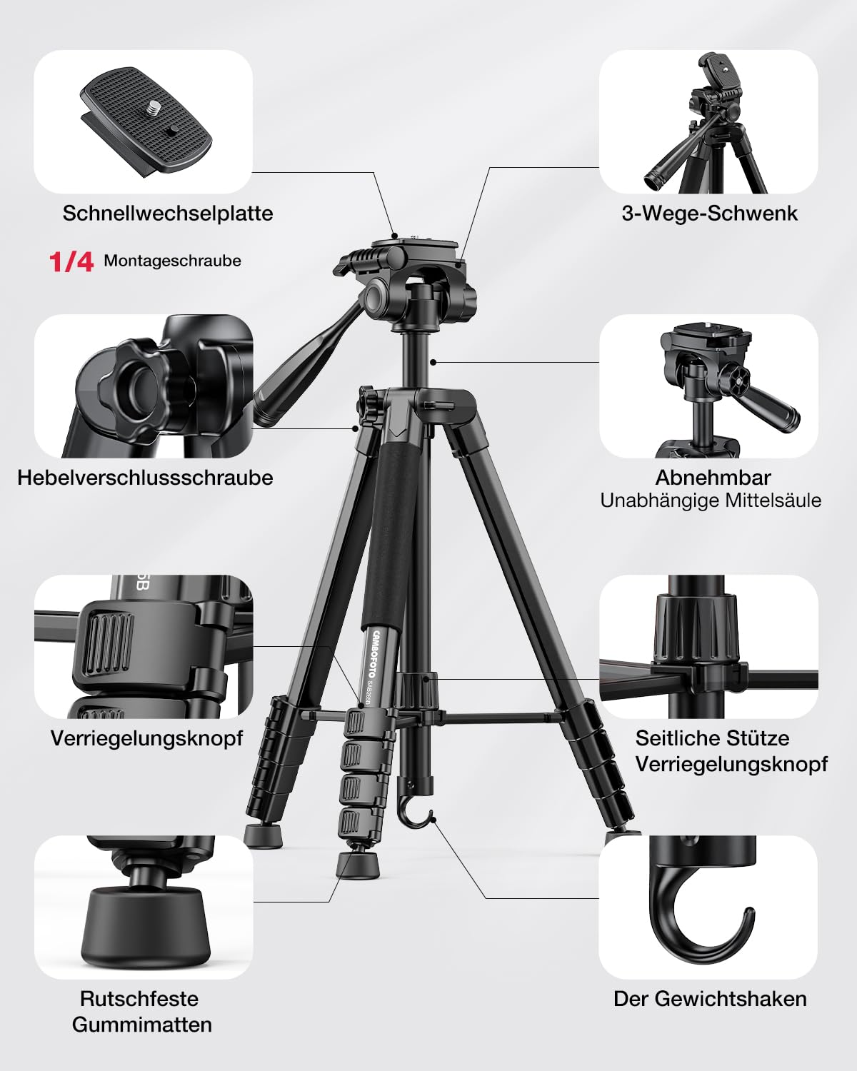 CAMBOFOTO 186cm Aluminium Stativ für DSLR, Spiegellose Kameras, Handys, Camcorder, mit Handyhalterung & Reisetasche (Schwarz)