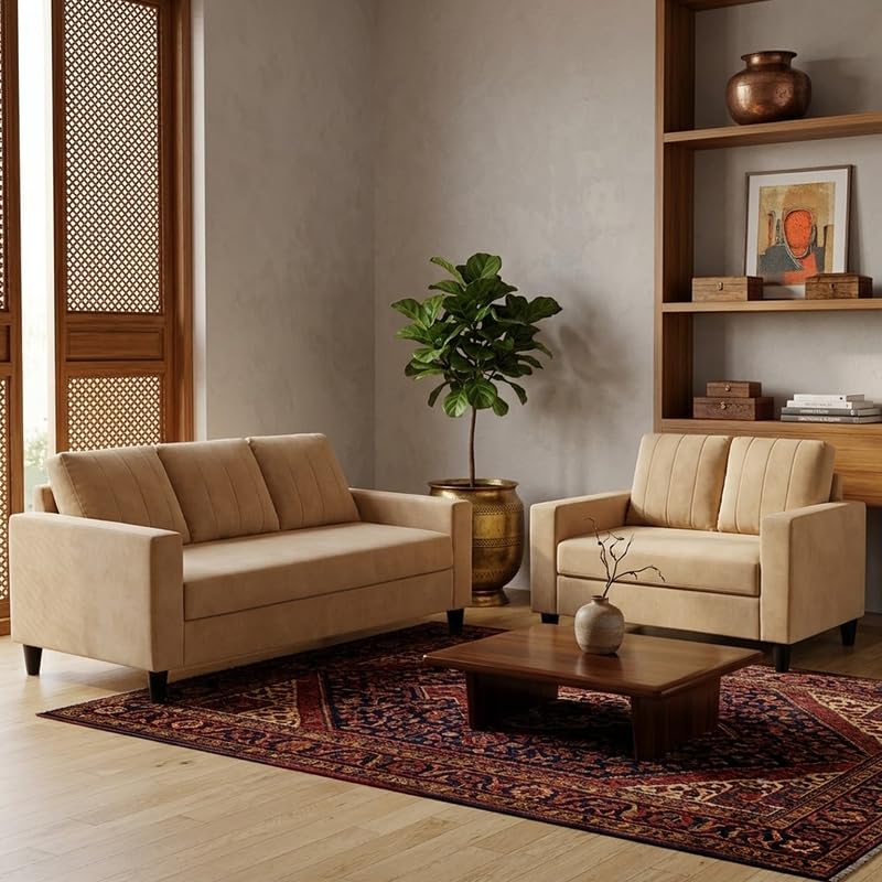 Image of Hendrick Plush Velvet 3 Seater + 2 Seater Sofa Set | Silken Velvet Suede Upholstery | Designer Sofa Set for Living Room & Office Spaces (Beige)