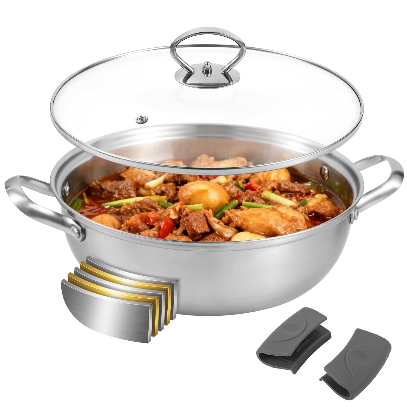 Casserole en acier inoxydable et couvercle en verre pour repas de famille