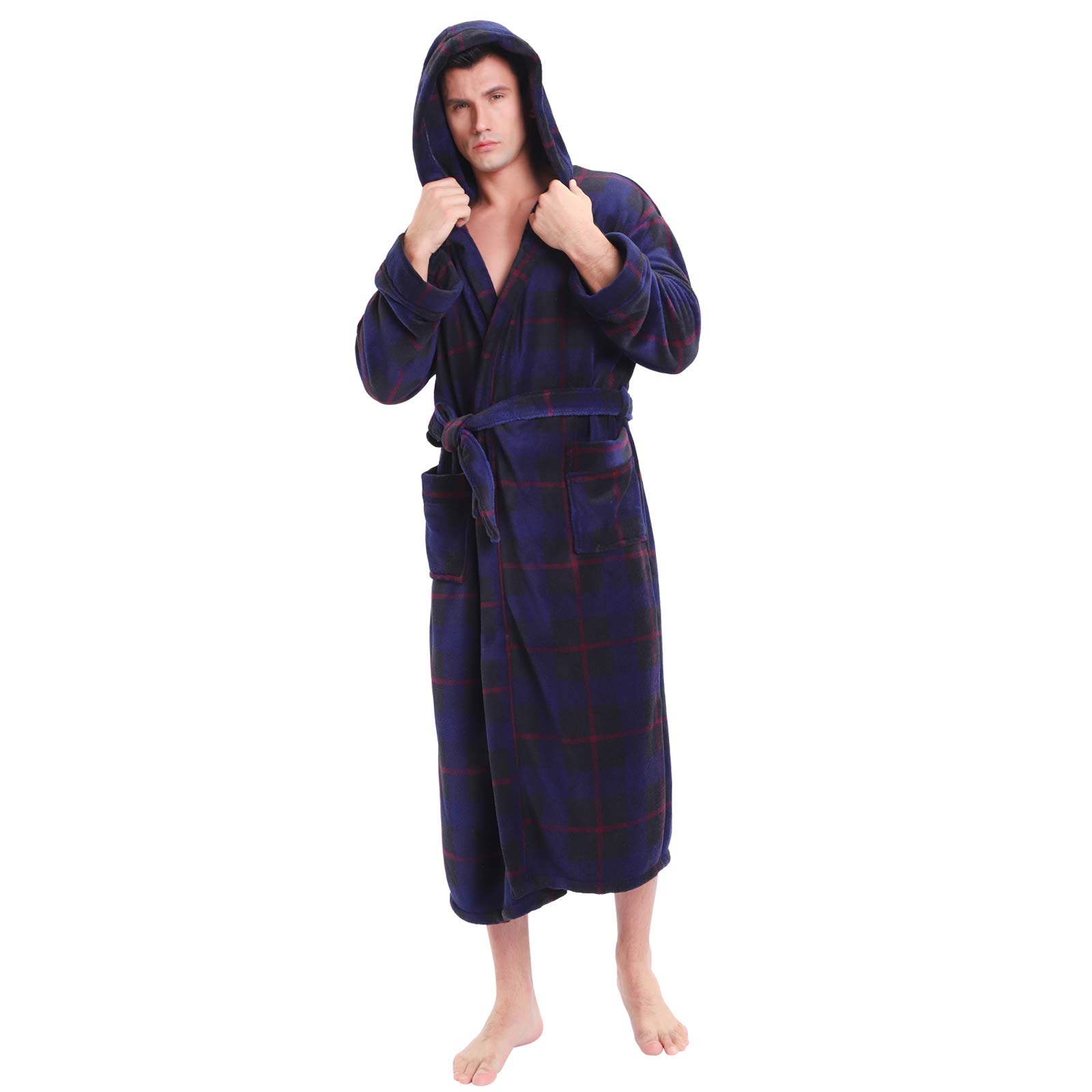 KEMUSI Hooded Herringbone Men's Dark Blue Checked Soft Spa Long Bathrobe,Comfy Full Length Warm Nightdress - Blue - Large