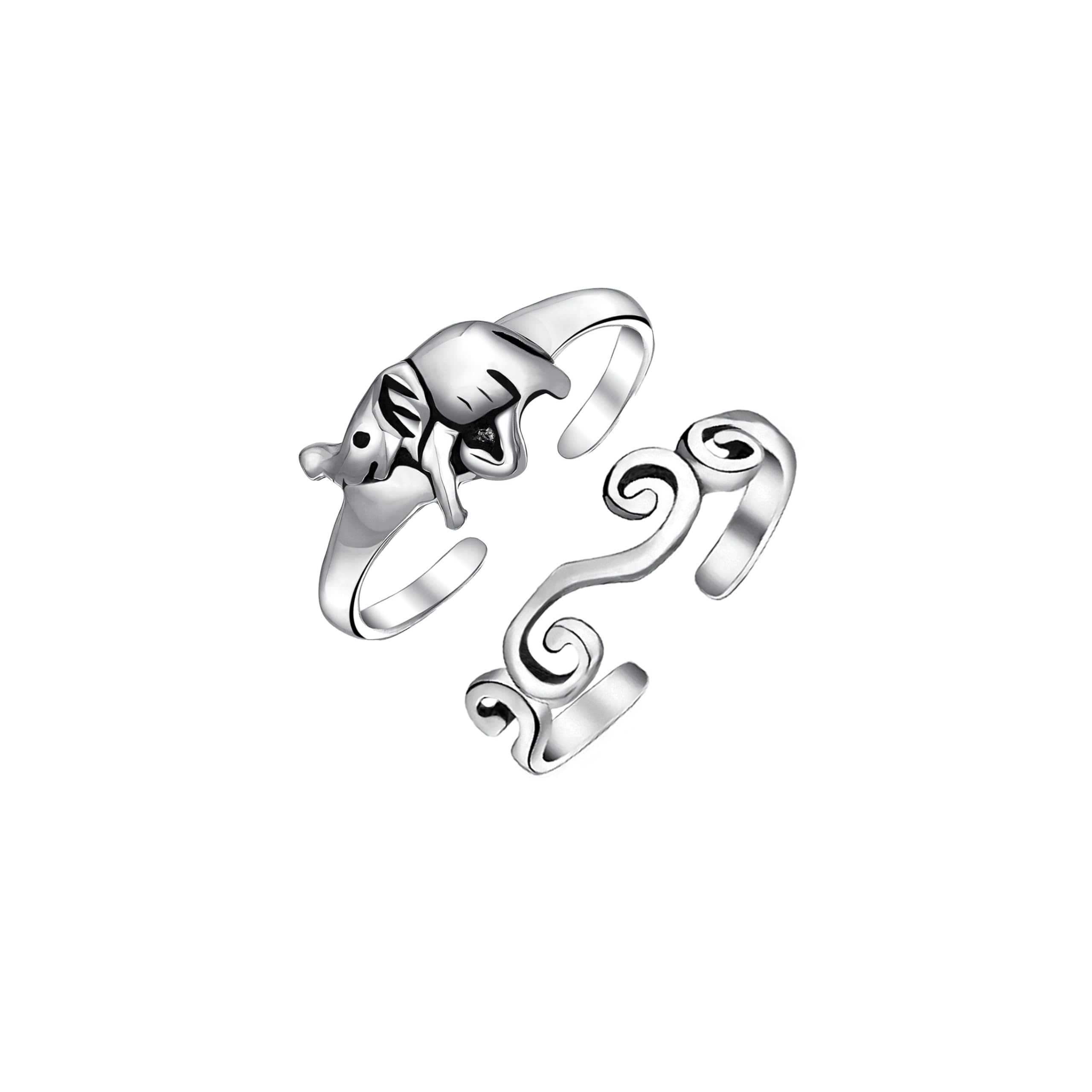Set di Due Elefanti Fortunati con Proboscide in Su & Anello a Spirale Aperta Filigrana Midi Celtica per Donne e Ragazze in Argento Sterling .925 Ossidato Regolabile