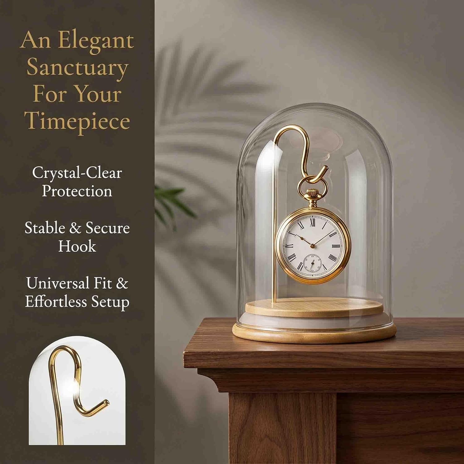 Pocket Watch Dome with Wood Base and Hook Display Case