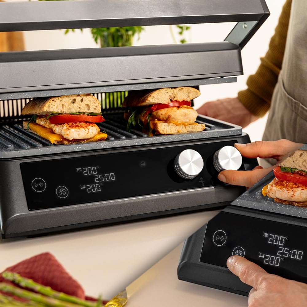 Cecotec Barbecue Grill Elettrico con Griglia Rockn'Grill Bistro. 2400W, Cottura Sana, Senza Fumo, Controllo Sfioramento, Piastre Temperatura Indipendenti, Sonda Temperatura Inclusa, Piastre Staccabili