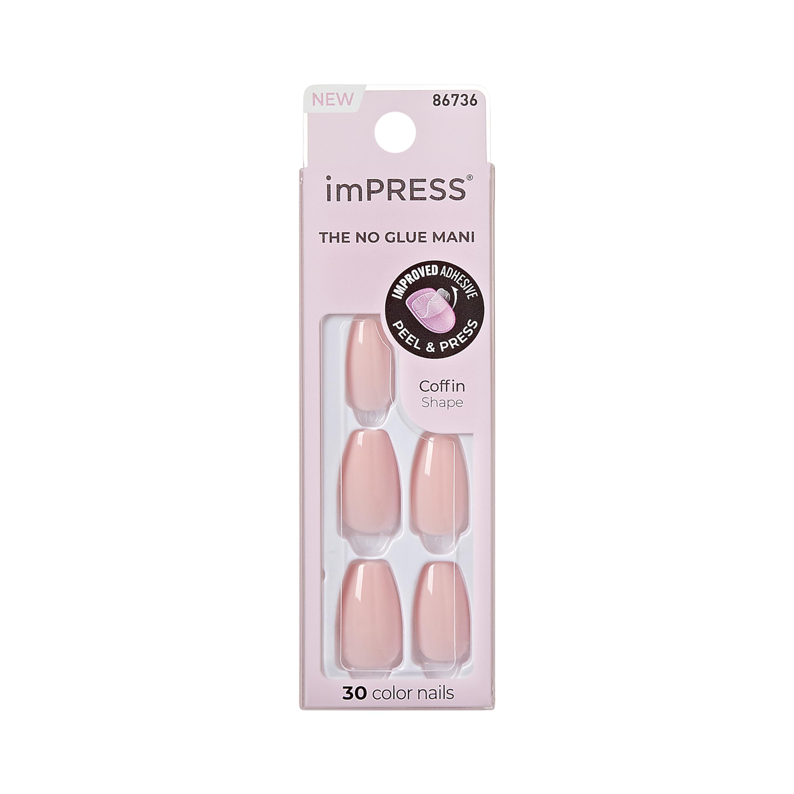 imPRESS KISS No Glue Mani Press On Nails, Color, 'Pink Dream', Pink, Medium Size, Coffin Shape, Includes 30 Nails, Prep Pad, Instructions Sheet, 1 Manicure Stick, 1 Mini File