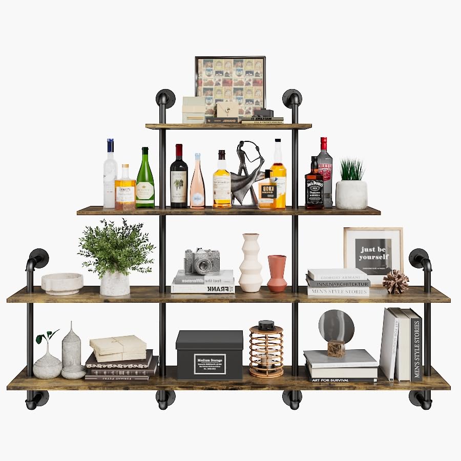 63 Industrial Pipe Shelving - 4 tier Rustic Solid Wood and Heavy Duty Metal Pipe Shelves for Wall Kitchen Shelves Wall Mounted Floating Bookshelf Wall Shelves for Bathroom Living Room Coffee Bar
