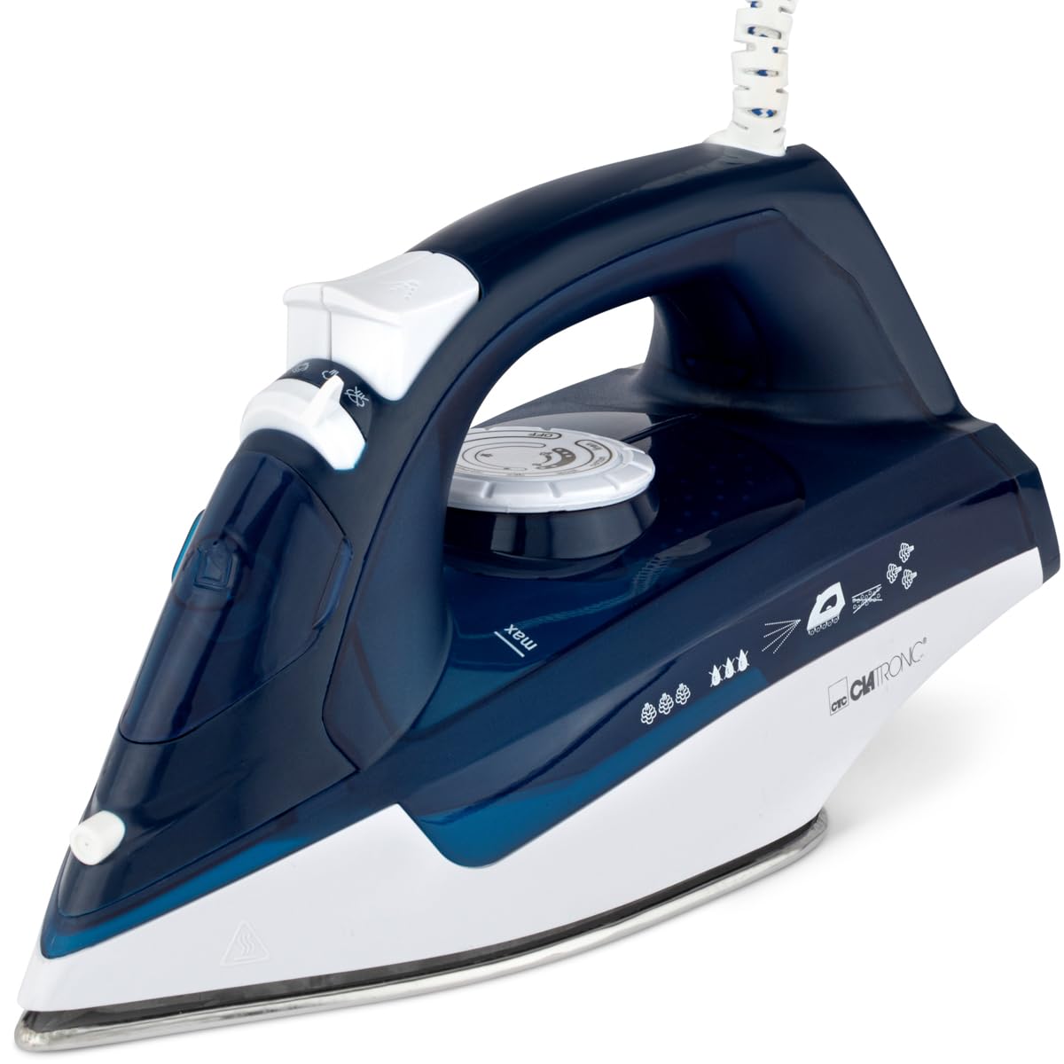 Clatronic DB 3704 Steam Iron with 7 Functions, Stainless Steel Special Sole, Continuous Temperature Control, Switchable Self-Cleaning Function, Dark Blue/White