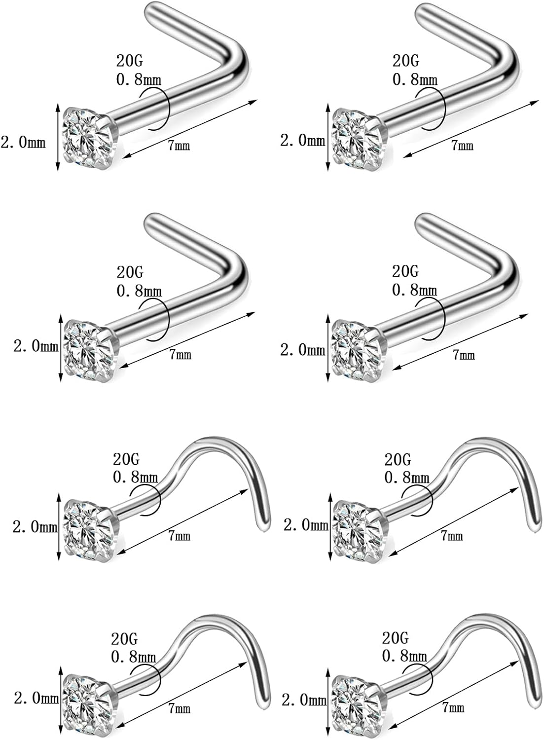 Nose Rings Studs for Women Men: Hypoallergenic Gold Silver 316L Surgical Stainless Steel Septum L Shape/Corkscrew Nose Studs Body Piercing Jewelry Tragus Conch 20G 18G - Image 5