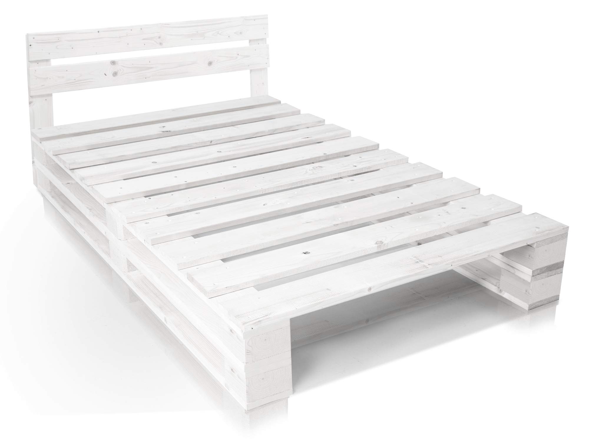 PALETTI Palettenbett inklusive Kopfteil Massivholzbett Holzbett Bett aus Paletten mit 11 Leisten, Palettenmöbel, 120 x 200 cm, Fichte Weiss