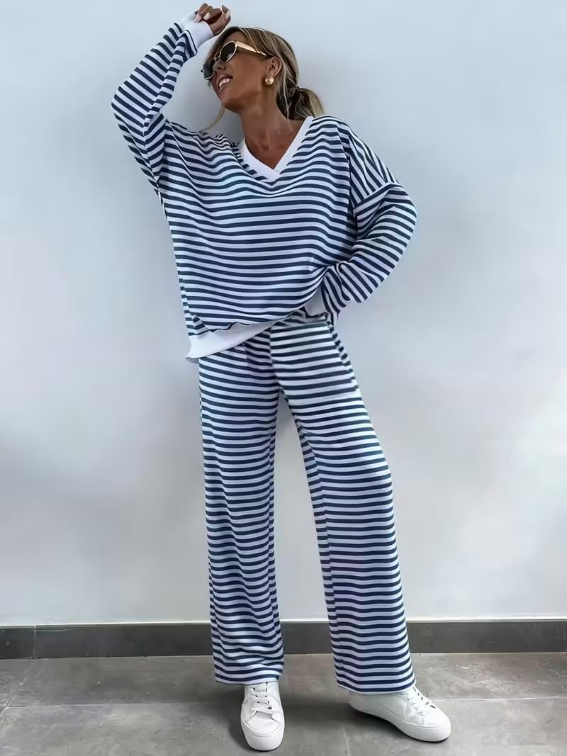 Melliflo Women 2 Piece Outfits Lounge Sets Striped Print Long Sleeve V Neck Sweatshirt and Shorts Set Sweatsuit - Image 2