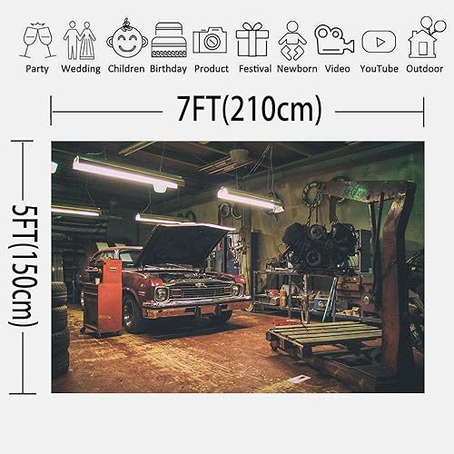 Miniatura 2 de Fondos de garaje antiguos para fotografía de 7 x 5 pies, fondos de reparación de automóviles con temática de fiesta de fotos y accesorios de estudio