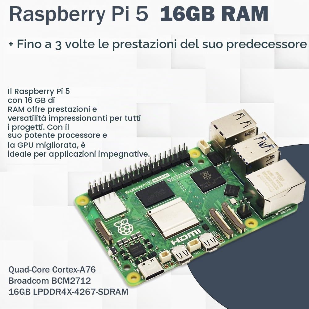 Raspberry Pi 5 16 GB PCIe M.2 NVMe, kit | alloggiamento in metallo | Active Cooler | M.2 NVMe SSD PCIe Board | alimentatore USB-C 45 W | scheda SD da 64 GB | cavo micro HDMI 4K | ideale per Home