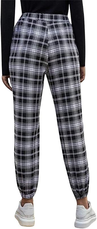 Women Casual Plaid Button Pants Cropped 