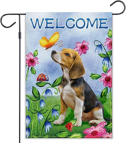 Balgardekor Bandera de jardín de perro de verano Beagle de bienvenida de 12 x 18 pulgadas, pequeña de doble cara para exteriores, girasol,