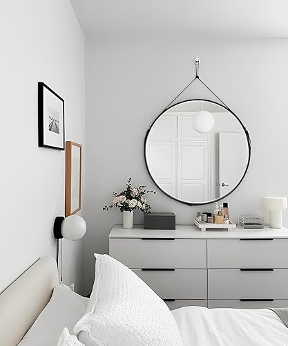 Miniatura 4 de HofferRuffer Espejo decorativo para colgar, espejo redondo, espejo de pared con correa, espejos con ganchocolgador de herrajes plateados para la