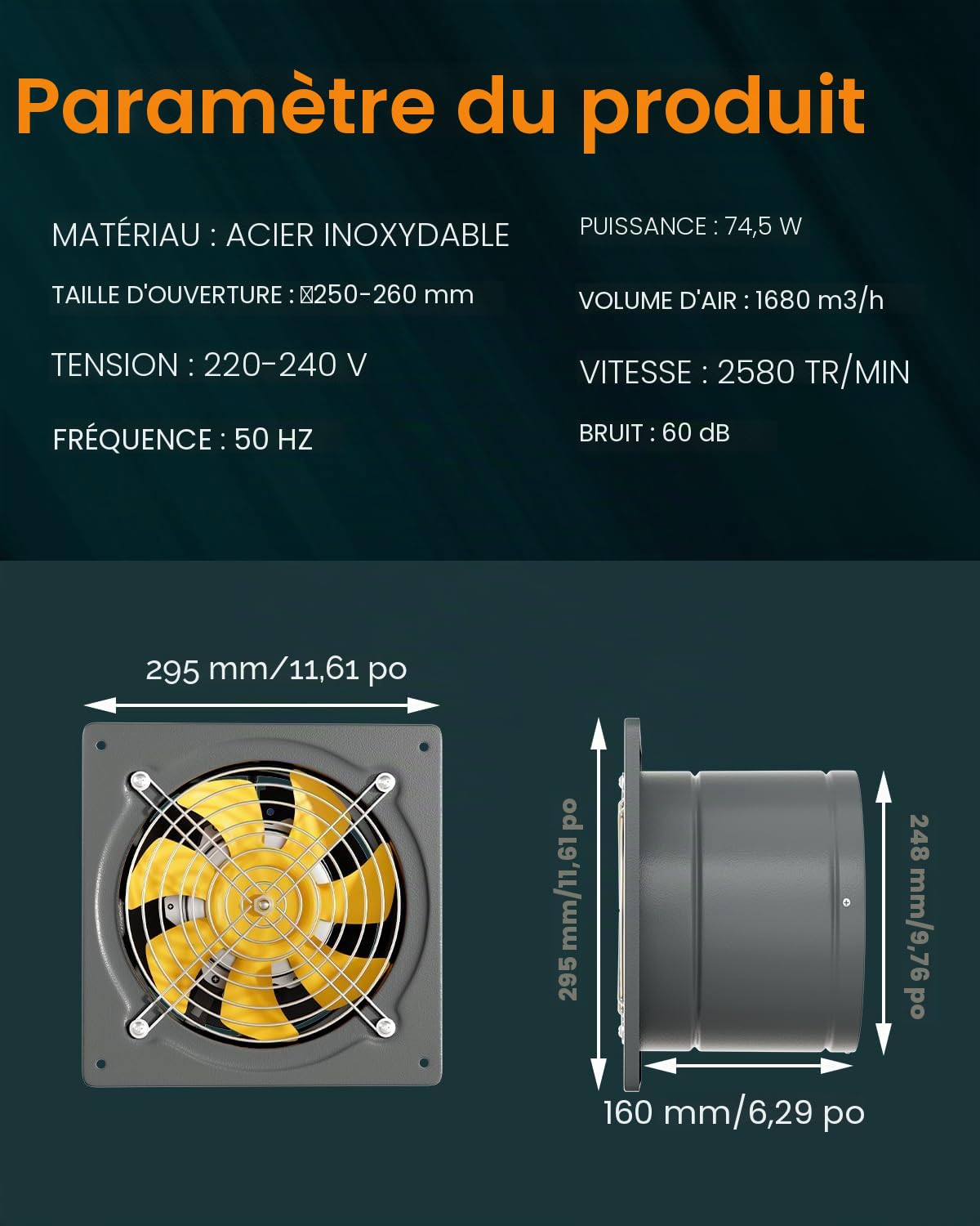 HG Power Extracteur d'air 250mm Ventilateur Mural 1680m³/h Clapet Anti-Retour Métallique EU Plug Gris