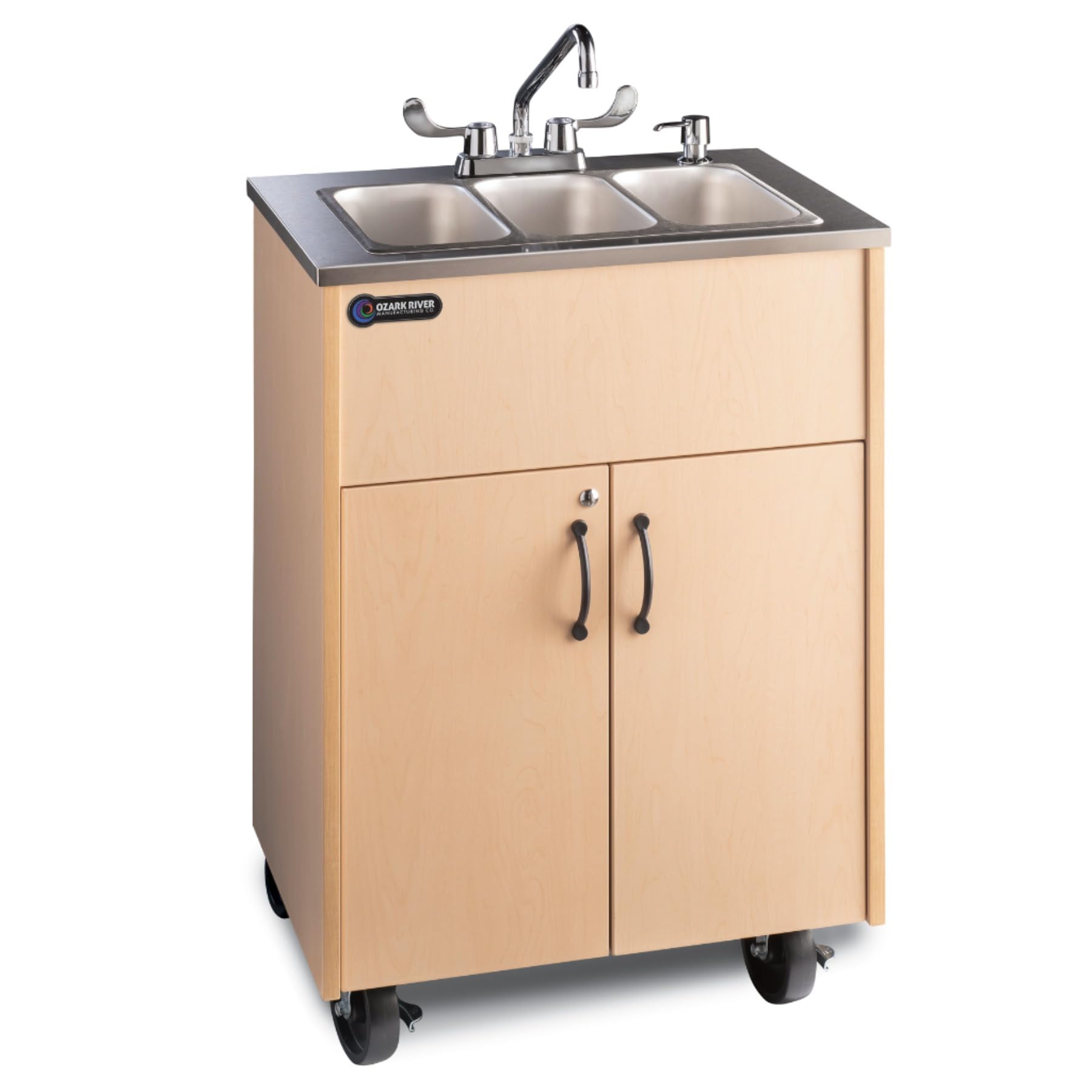 Ozark River Portable Sinks Premier S3, Maple Laminate Cabinet-Stainless Countertop-Triple Stainless Basin, Self Contained Sink, Portable Sink with Hot Water, Portable Hand Washing Station