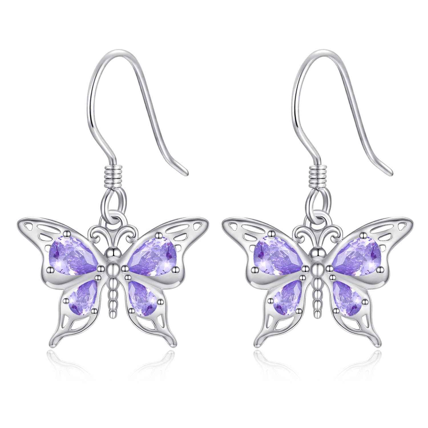 KINGWHYTE Pendientes de mariposa para mujer, plata de ley 925, cristal morado, joyería de mariposa, regalo de cumpleaños para mujeres, niñas, mamá e hija, Plata de ley Plata, Crystal