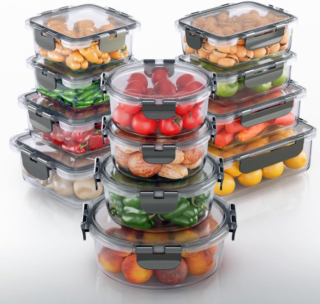 KITCHEN SHOPPE 24-Piece Glass Food Storage Containers with Hinged Lock Lids | Airtight Containers for Meal Prep, Lunch or Leftovers | Oven/Freezer & Dishwasher Safe | Glass Tupperware Set