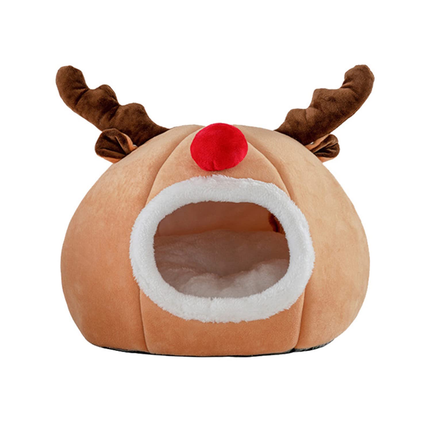 Luxury Christmas Cat Bed Cartoon Elk Shape with Soft Warm Sponge Cushion Sleeping Festival Decoration Plush Brown Comfortable Villa Condo (Medium)