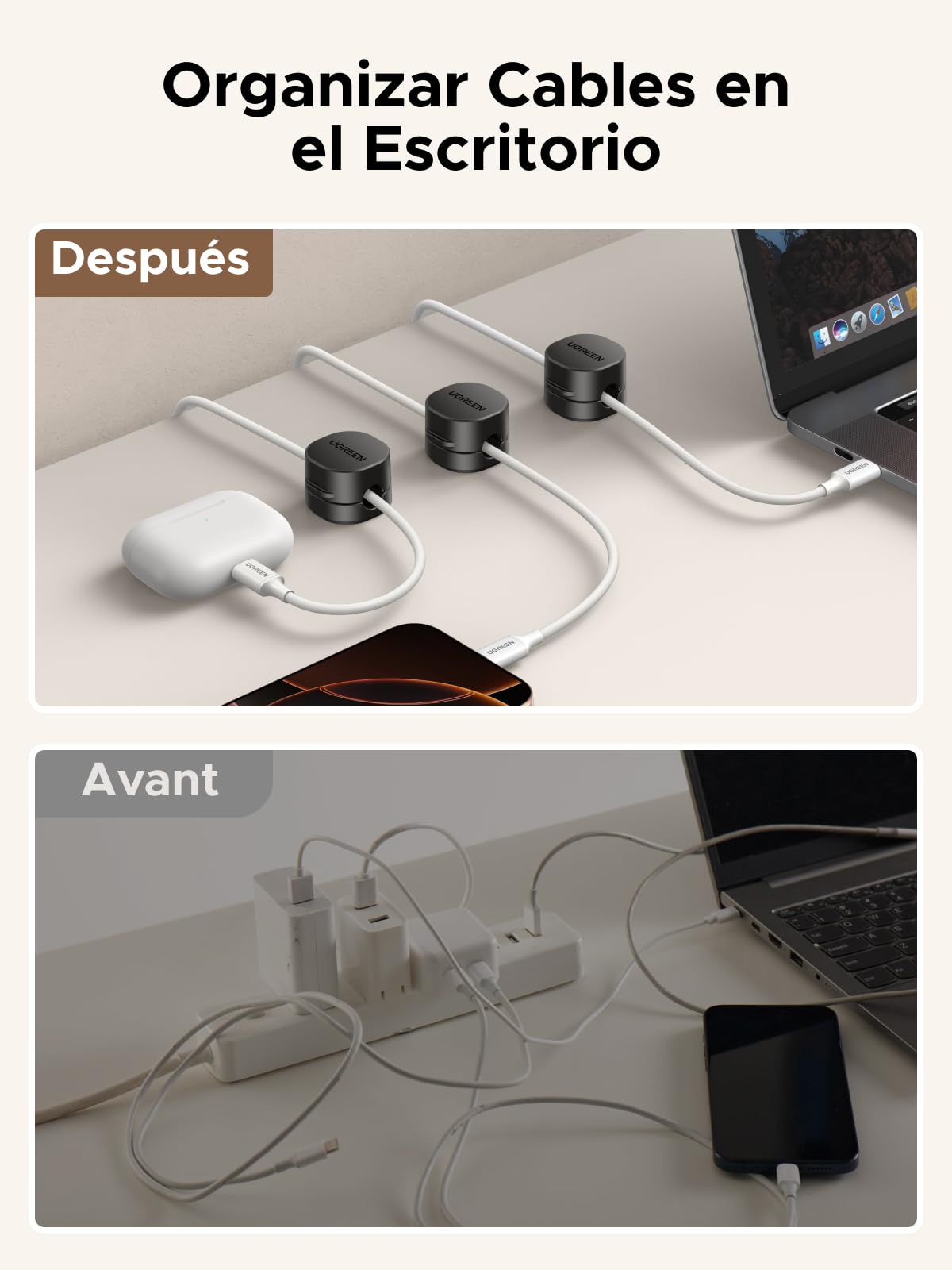 UGREEN [6 Piezas] Clip de Cable de Resorte con [Rotación de 91°] Magnético Organizador Cable Autoadhesivo Sin Residuos para HDMI, USB, PC, TV, Hogar, Oficina, (7.5mm) - Negro