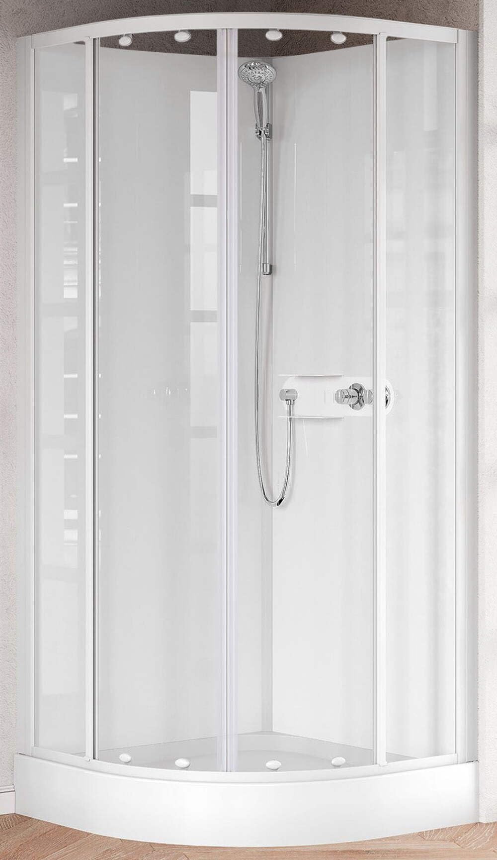 Novellini Media Glass R Standard 90 x 90 cm Cabina de ducha multifunción curvada apertura deslizante montaje ángulo derecho izquierdo mezclador mecánico cristal transparente perfil blanco altura 210