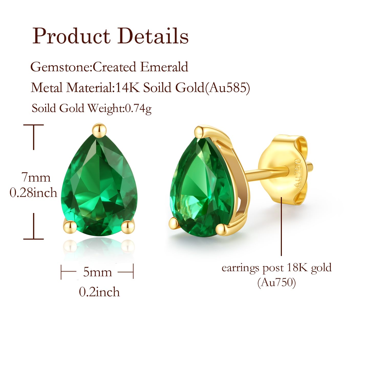 FANCIME Solide 14 Karat 585 Gelb Gold Tropfen Ohrringe Ohrstecker mit Echt Natürlich/Synthetische Edelstein Geschenk Schmuck für Damen Mädchen Mama, Größe: 5 * 7.7 mm