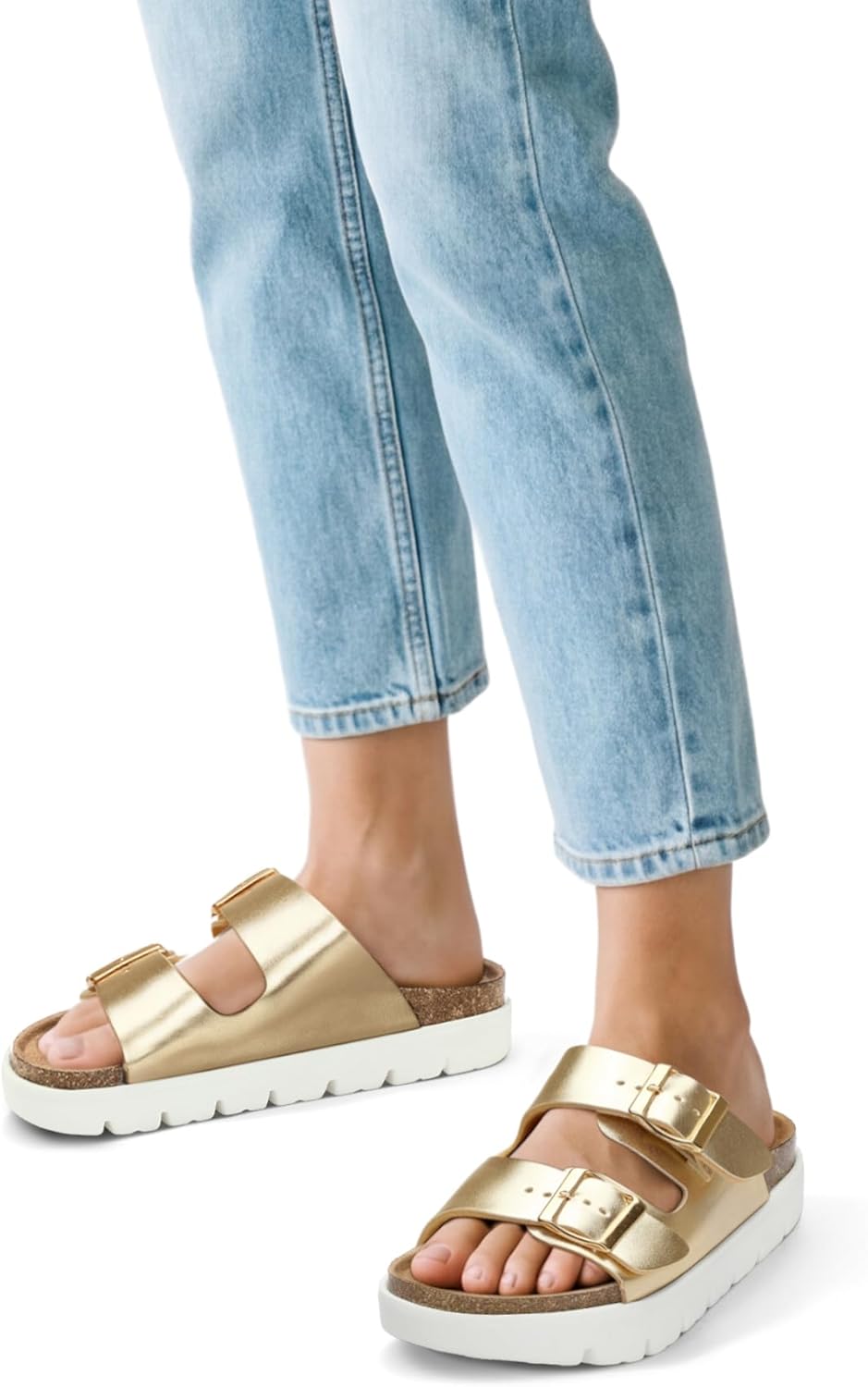 mysoft Women's Comfortable Arch Support Footbed Cork Wedge Sandals - Slip-On Platform Summer Slides with Adjustable Buckle - Image 2