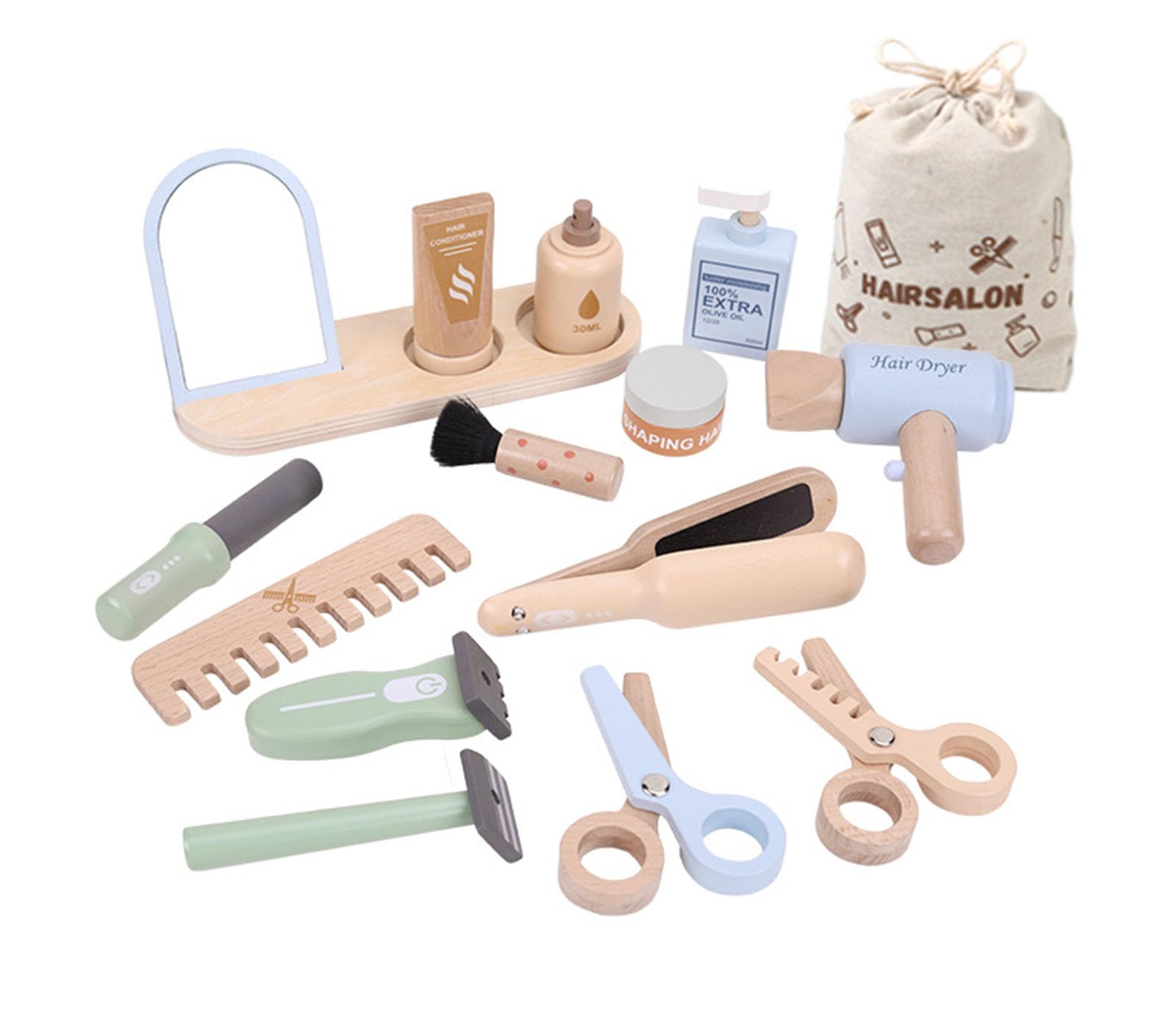 Set di Gioco per Bambini Parrucchiere in Legno, Accessori per Negozio di Barbiere Finti, Giocattolo per la parrucchieria di Ruolo