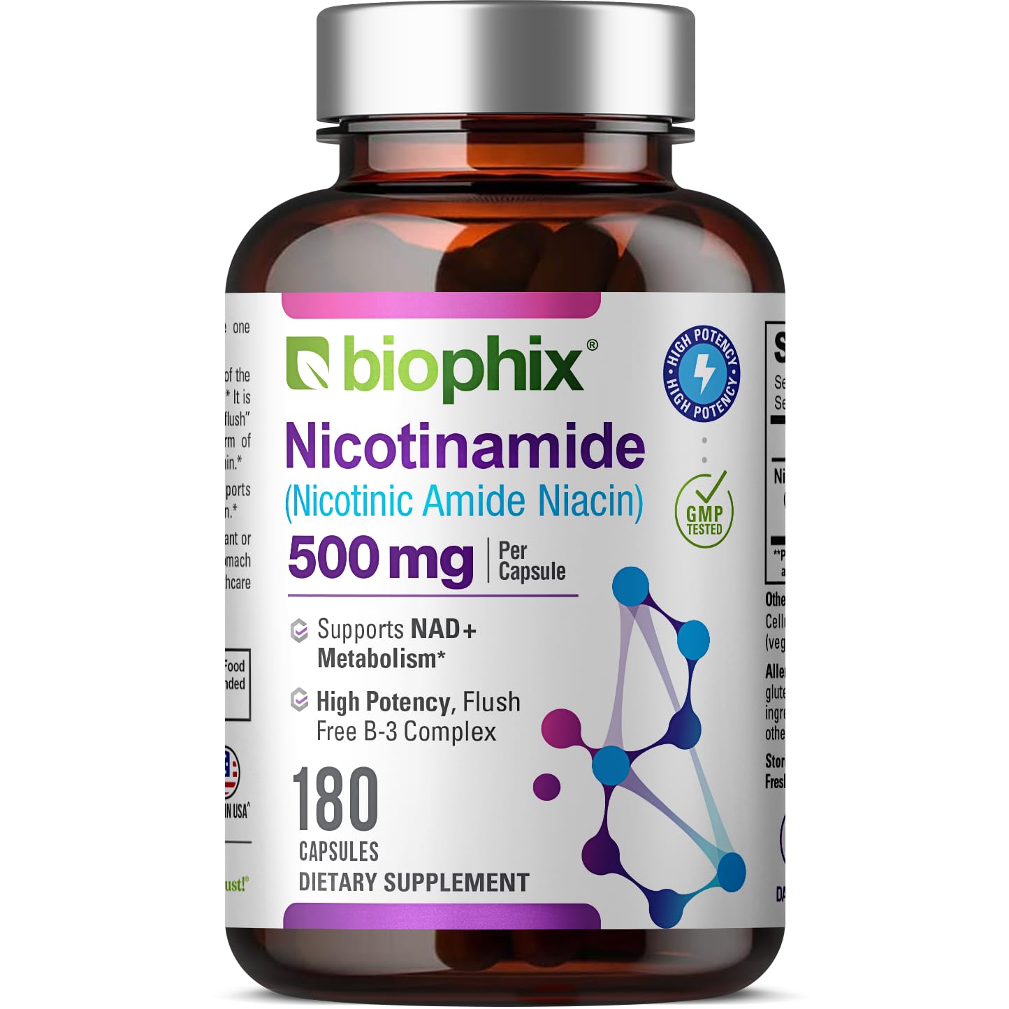 biophix B-3 Nicotinamide 500 mg 60 Caps - Nicotinic Amide Niacin Natural Flush-Free Vitamin Formula - Supports Skin Cell Health — Amazon image 4