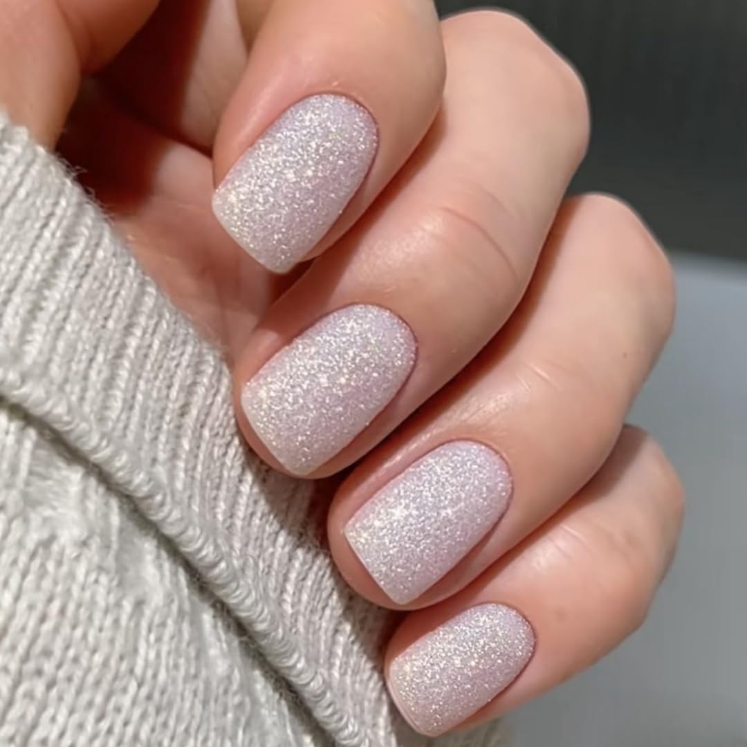 White Cat Eye False Nails Glitter, SXVME Press on Nails Short Square, Sparkly Shiny Fake Nails With Design - Image 3