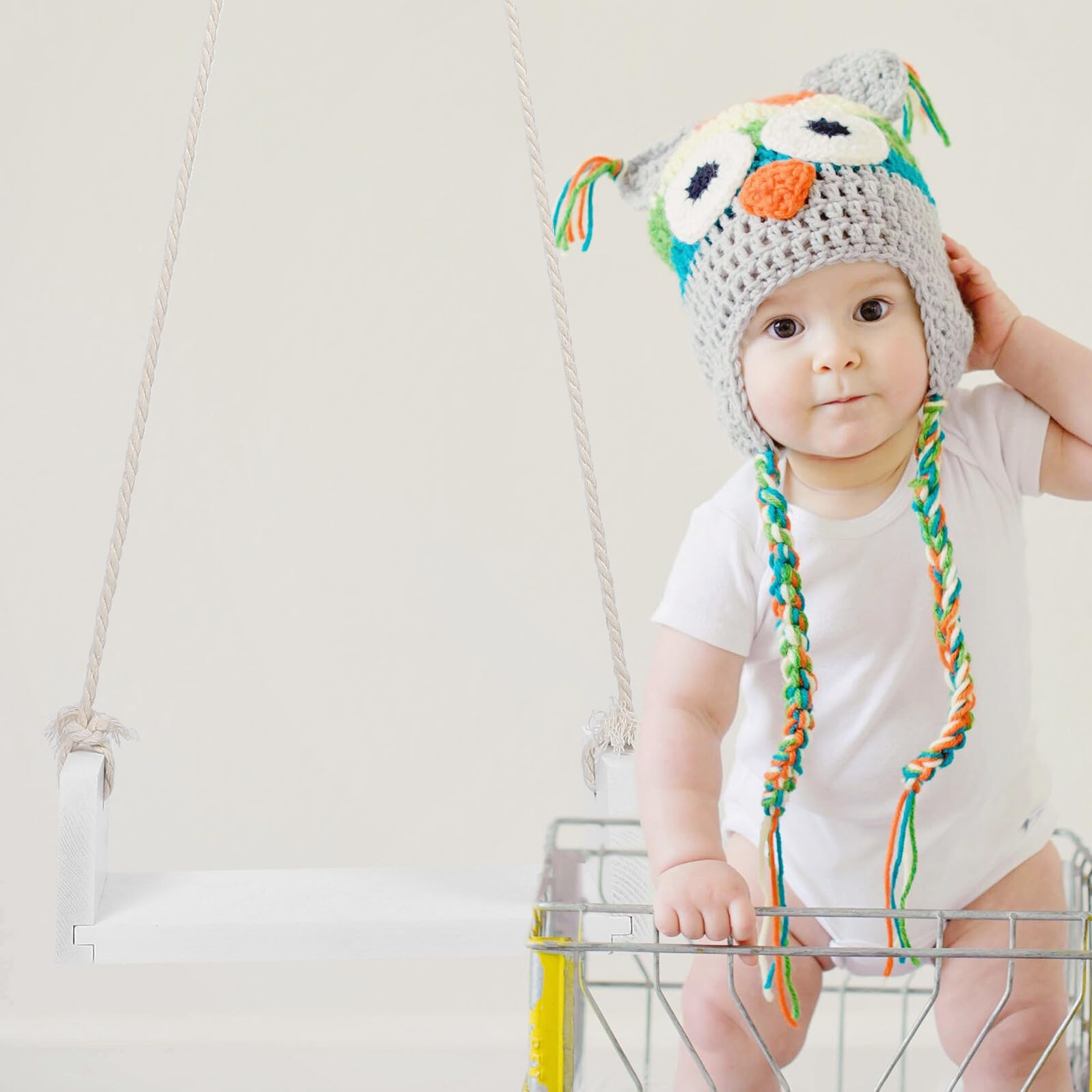 Holz Babyschaukel Fotorequisite für Neugeborenenfotografie aus Weißem Holz mit Hanfseil Vielseitig Einsetzbar im Professionellen Fotostudio für Neugeborene und Babys