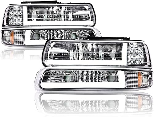 Conjunto de faros delanteros LED compatible con Chevy Silverado 1999-2002Suburban Tahoe 2000-2006, reflector ámbar con carcasa cromada de lente