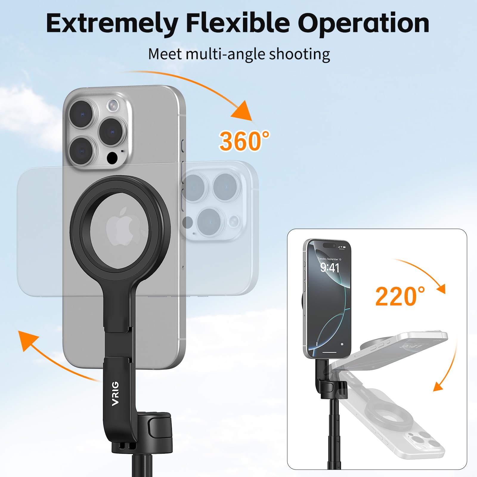 VRIG Magnetisches Selfie Stick Stativ für iPhone, TP-27 Einziehbares Handy Stativ mit Cold Shoe Kompatibel mit Mag Safe, iPhone 17, 16, 15, 14, 13, 12