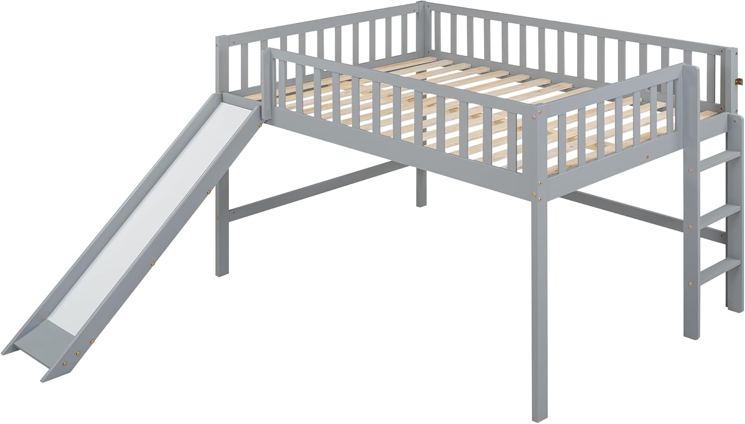 Full Size Kids Low Loft Bed with Slide and Ladder, Wood Bed Frame with Safety Guardrail for Kids Boys Girls Teens, No Boxspring Required (Full Gray Style2)