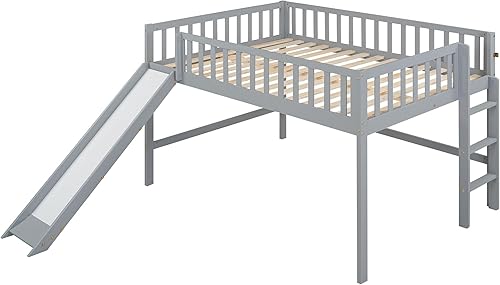 Miniatura 18 de Harper & Bright Designs Cama alta baja con tobogán, cama individual tipo loft para niños con barandilla de seguridad y escaleras, marco de cama de