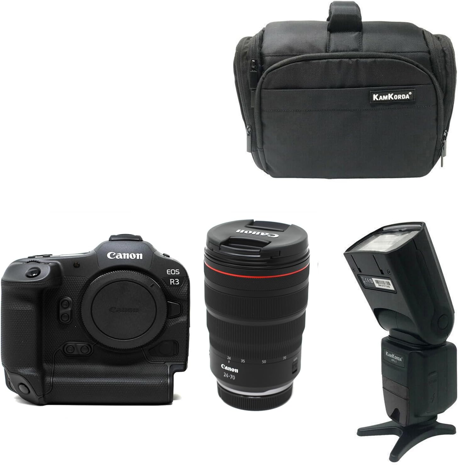 KamKorda Camera Bag + Flash + R3 Mirrorless Digital Camera + RF 24-70mm f/2.8L IS USM, 24MP Full Frame CMOS Sensor, DIGIC X Image Processor, 6K60 Raw 4K120 10Bit Internal Video + 2 Year Warranty
