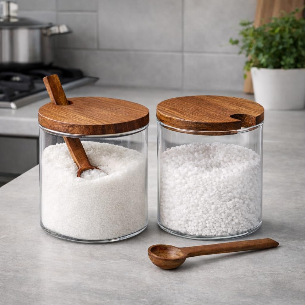 TIENDA EURASIA – Set Salero y Azucarero de Vidrio con Tapa y Cuchara de Madera | Recipientes para Especias y Azúcar | Diseño Transparente | Cocina y Mesa