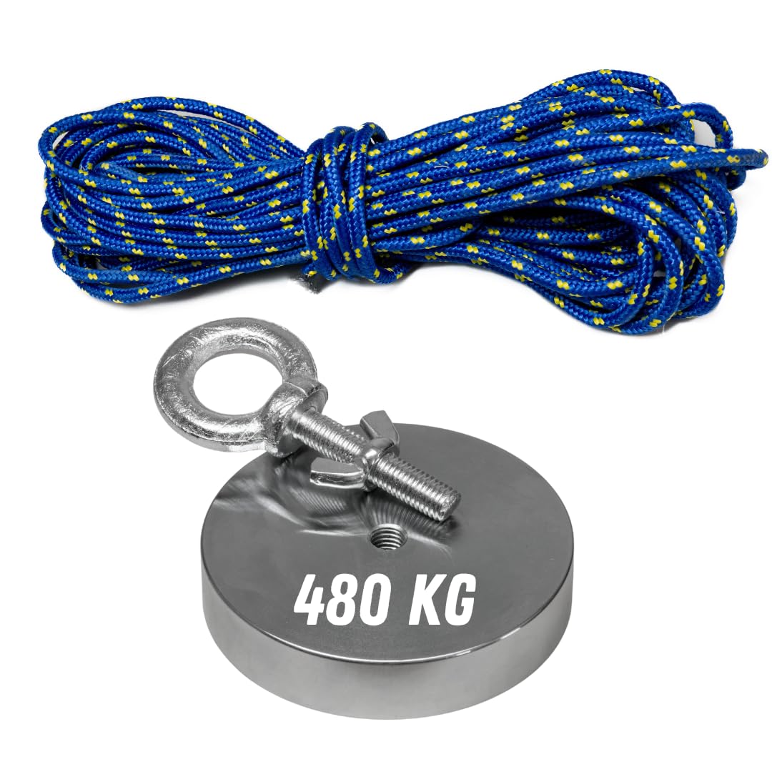ITALFIT MAGNETI Set Magnet fishing - Diametro 97mm, Spessore 20mm, Foro M10 - Magnete Potente per pesca magnetica - Calamita potente e Corda 20m Inclusa - Forza 480 KG Ideale per Magnetfishing