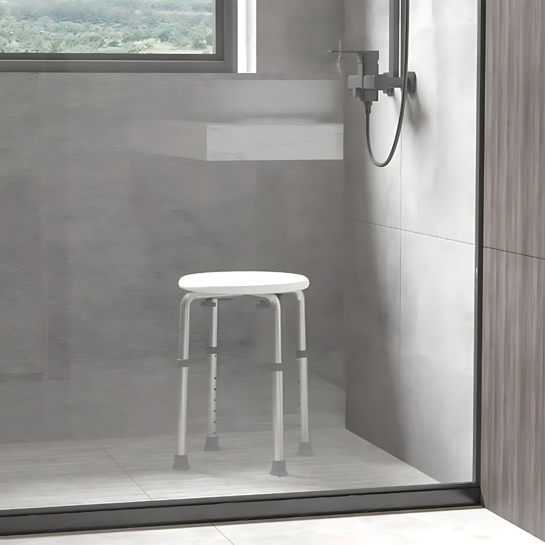Sgabello Doccia Anziani; Altezza Regolabile, Piedini Antiscivolo, Sgabello da Bagno per Anziani e Disabili, Facile da Montare - Peso Massimo 120 kg - Diametro Seduta 32cm