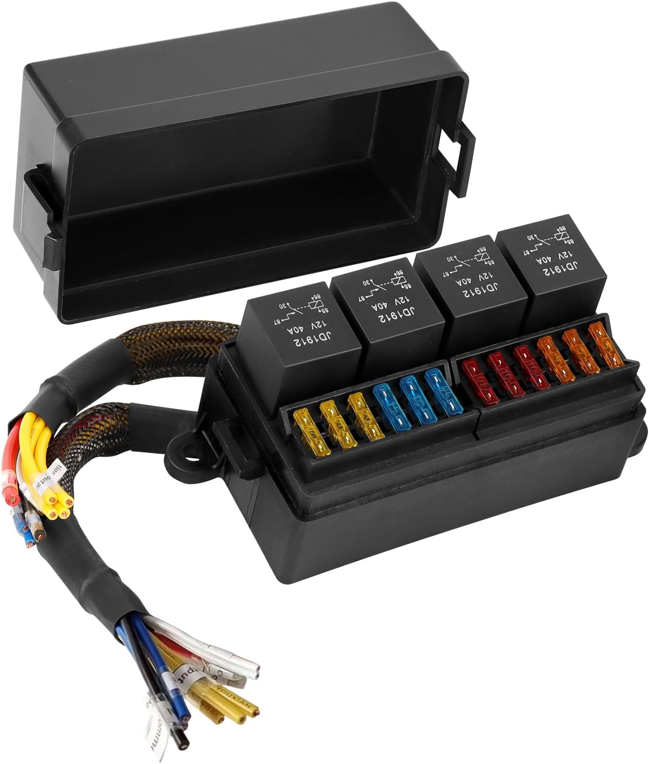 12V Pre-Wired Fuse Block with 4 Relays and 12 Way ATC/ATO Fuses, Sealed Relay Panel for Universal Vehicles, Cars, Marine, Boats