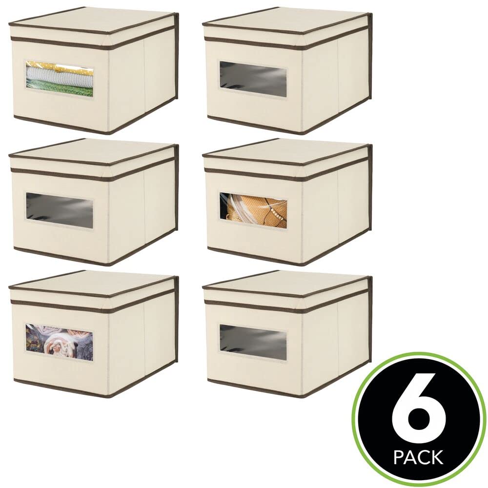 mDesign 6er-Set Stoffbox – praktische Aufbewahrungsbox mit Deckel und Sichtfenster für Schlaf-, Wohn- oder Badezimmer – stapelbare Schrankbox aus atmungsaktiver Kunstfaser – cremefarben/braun
