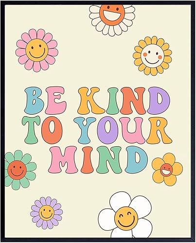 Groovy Flower Power 60s Decor  Decoración retro vintage hippie de los años 70  Cartel de Preppy Be Kind  Decoración de cara sonriente  Impresión de