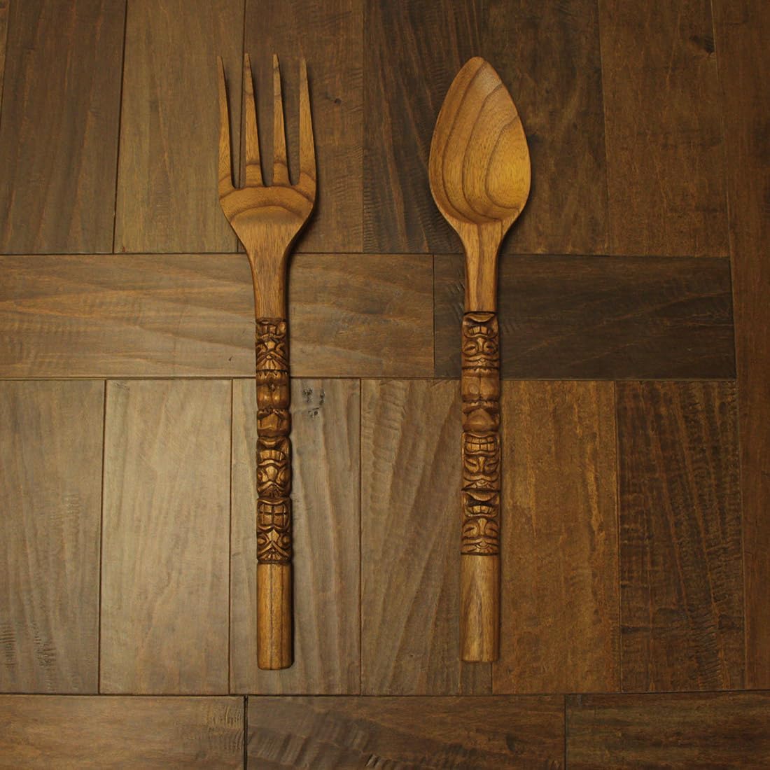 Set of 2 Carved Tiki Design Wooden Spoon & Fork Utensil Wall Sculptures in Brown Wood - Large 24-Inch Decorative Art Pieces, Perfect for Hawaii-Inspired Home Decor