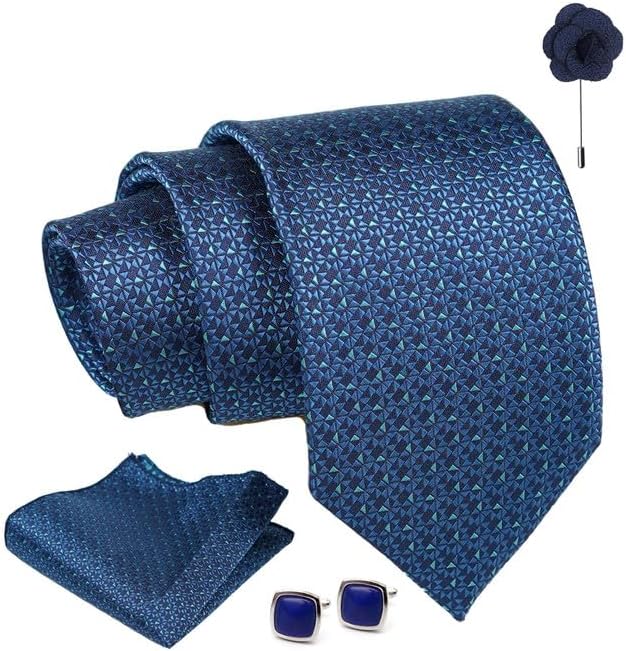 Tie for Men โ Micro Silk Neck Ties Set with Cufflinks Flower Pin, Pocket Square & Black Gift Box, Combo Necktie Sets for Office Wear, Formal Suits & Weddings (Peacock Blue, AX24_32)
