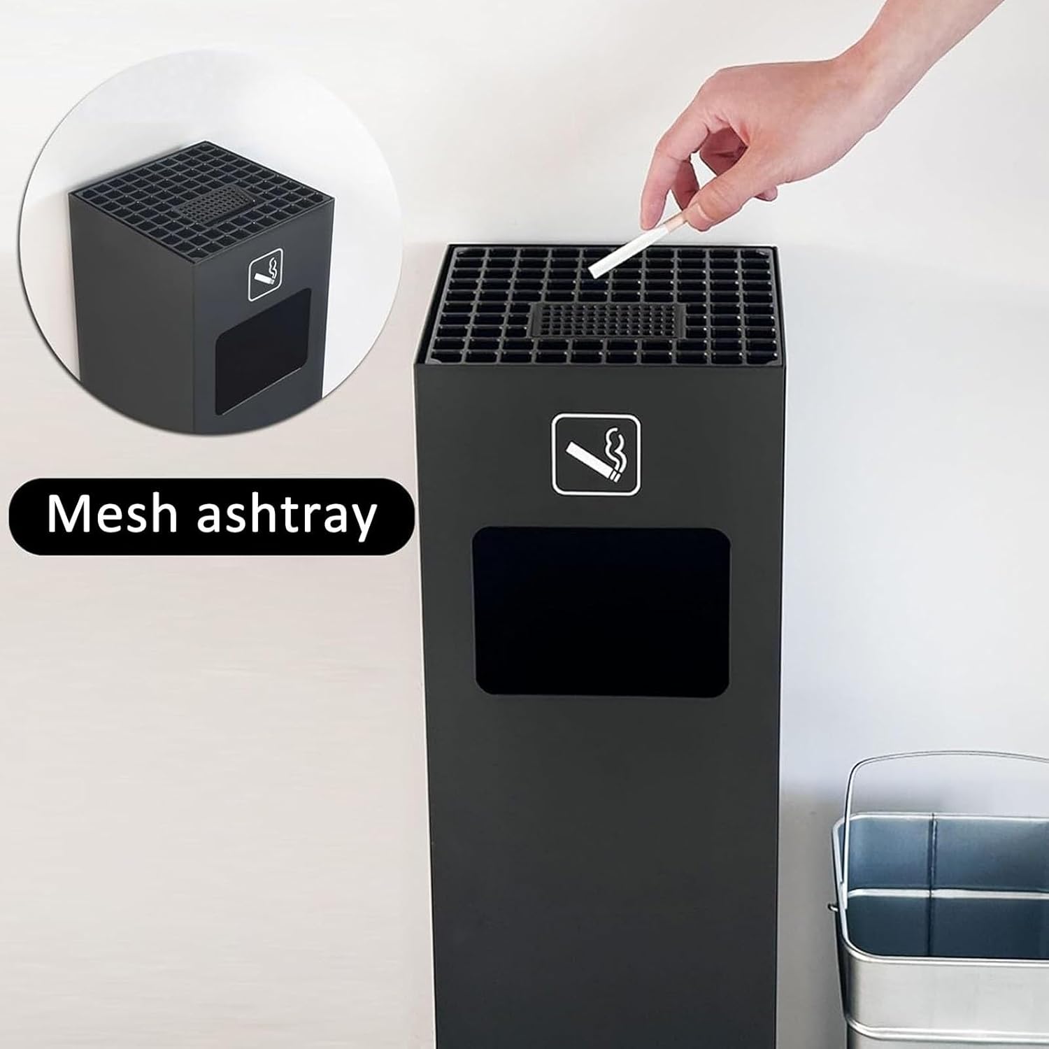 Removable Standing Ashtray for Cigars, Cigarette Butt Receptacle Outdoor, Stainless Steel Floor Standing Cigar Ashtray with Trash, for Properties, Offices, Home(Black)