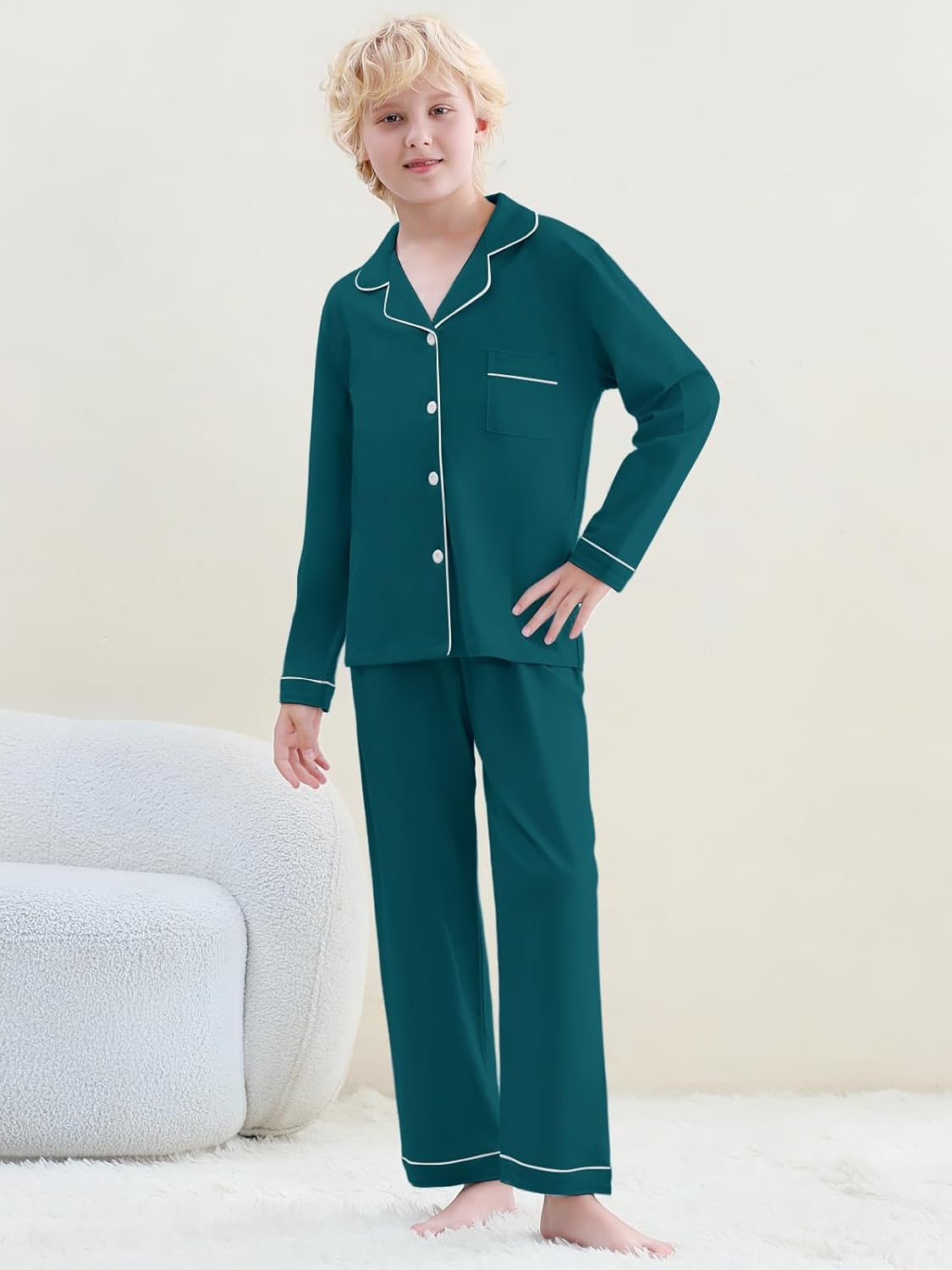 Umeyda Kids 100% Cotton Pajamas Set Big Boys 2 Pcs Pj Long Sleeve Sleepwear Button-Down Cute Nightwear, Dark Green, for Ages 7-8 Years = Tag 140 - Image 2