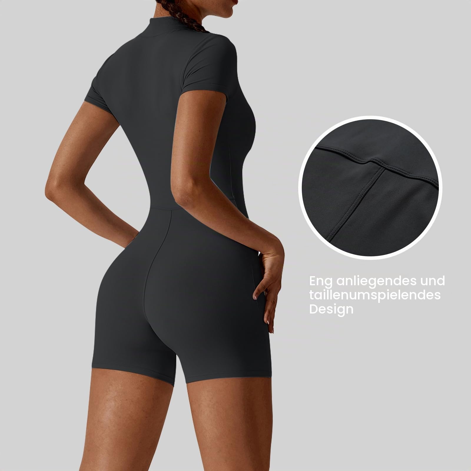 Litthing Damen Sport Jumpsuit Kurz Yoga Playsuit Eng mit V-Ausschnitt Reißverschluss Overall Body Outfits Bodycon Kurze Ärmel Stretch Jogging Strampler