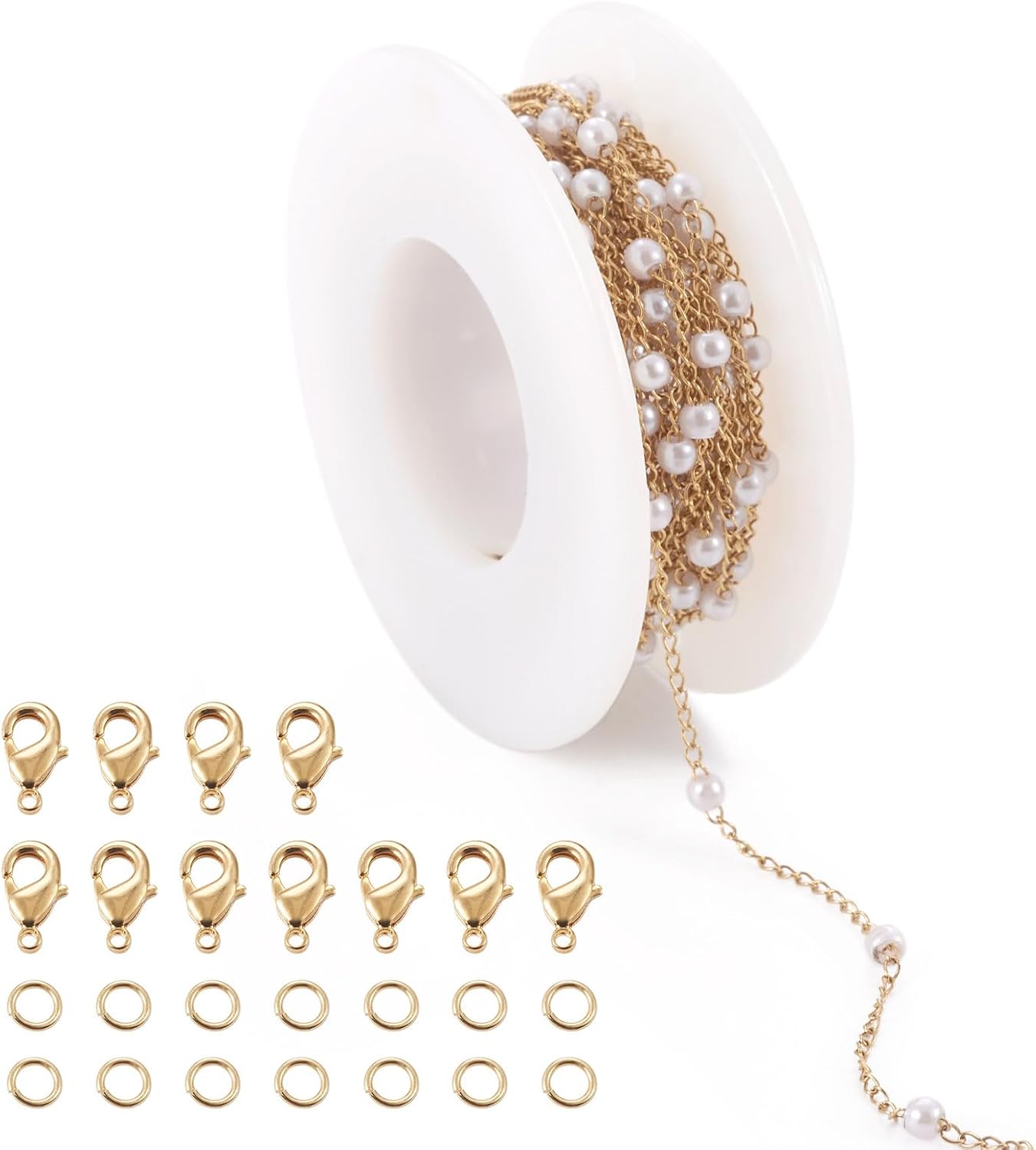 Pandahall 14K Gold Plated Stainless Steel Chains 16.4 Feet Pearl Beaded Necklace Chains for Jewelry Making & Golden Lobster Claw Clasps Open Jump Ring for Men Women DIY Jewelry Making Bracelet